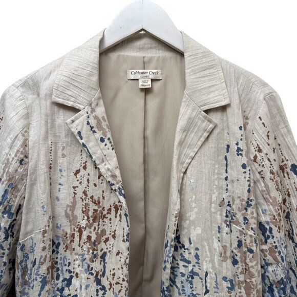 COLDWATER CREEK Linen Jacket Size Medium Petite Blue Beige Womens Open Front - Picture 2 of 8